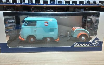 SOLIDO 1/18 - VOLKSWAGEN T1 VAN KOOL COMBI WITH TRAILER GULF