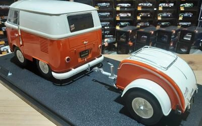 SOLIDO 1/18 -  VW T1 VAN KOOL COMBI WITH TRAILER - 1950 - OR