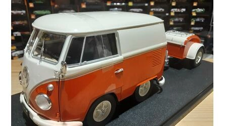 SOLIDO 1/18 -  VW T1 VAN KOOL COMBI WITH TRAILER - 1950 - OR